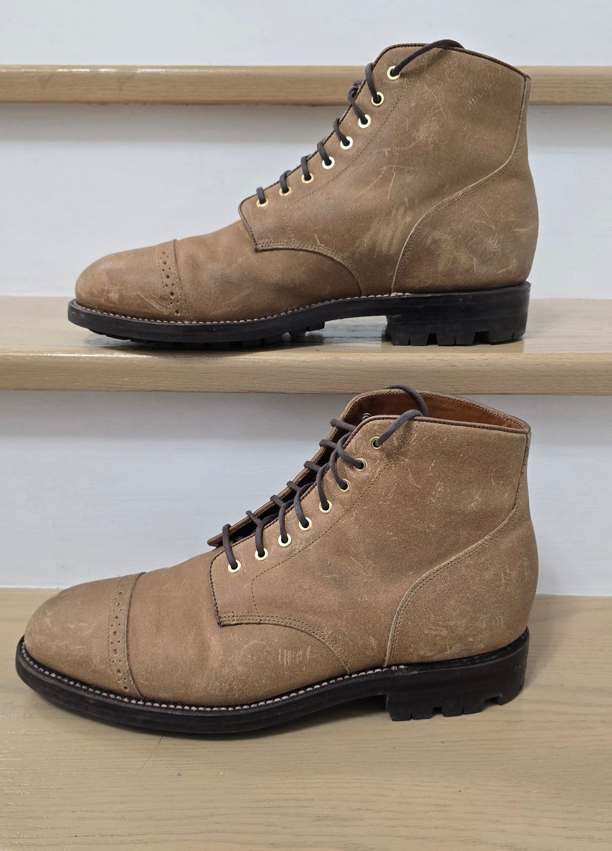 Photo by Gonzo on December 7, 2025 of the Grant Stone Garrison Boot in C.F. Stead Natural Waxy Commander Suede.