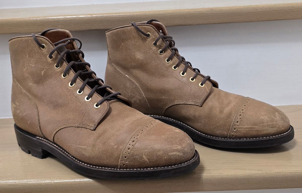 Photo by Gonzo on December 7, 2025 of the Grant Stone Garrison Boot in C.F. Stead Natural Waxy Commander Suede.