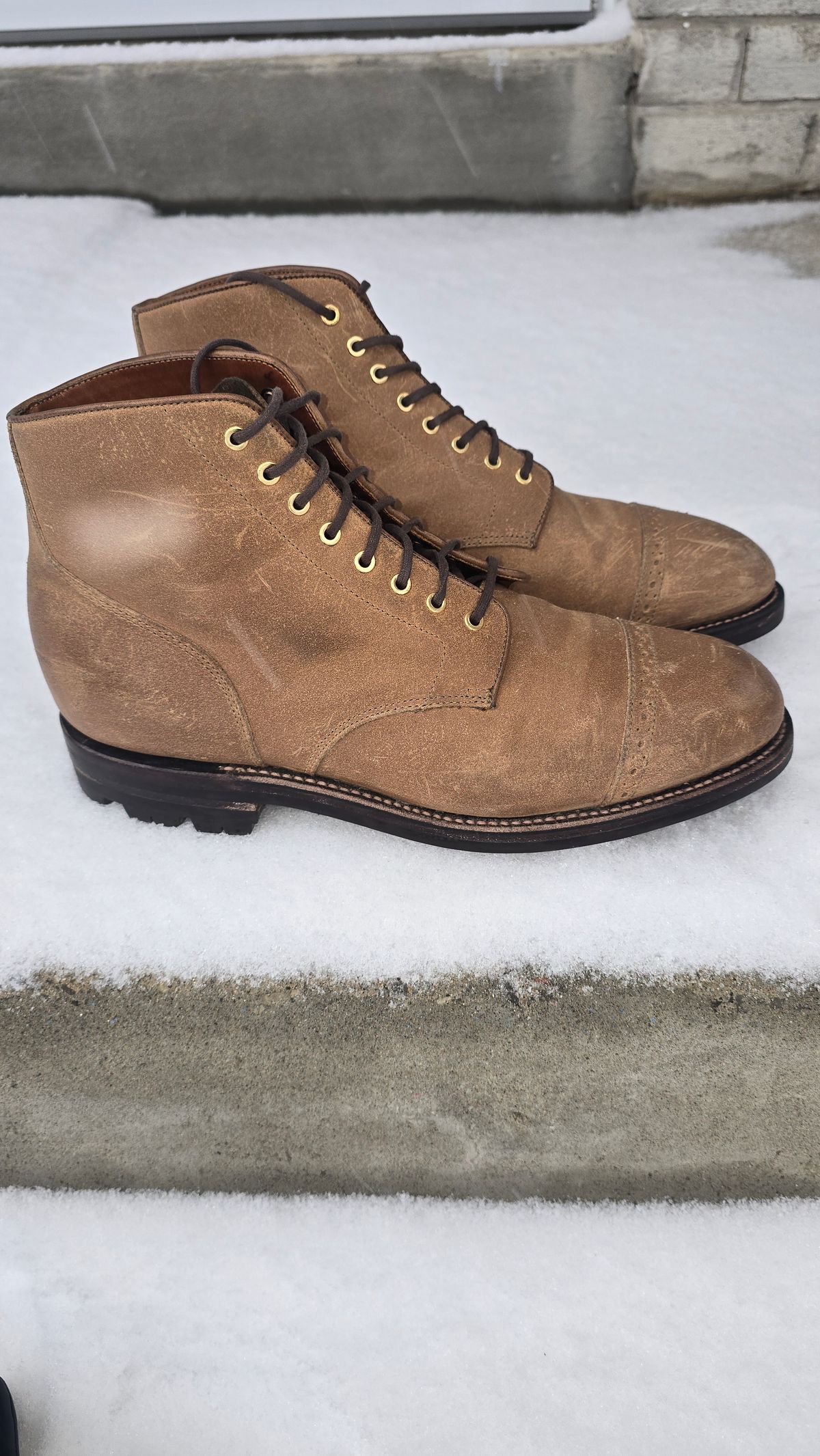 Photo by Gonzo on February 18, 2026 of the Grant Stone Garrison Boot in C.F. Stead Natural Waxy Commander Suede.