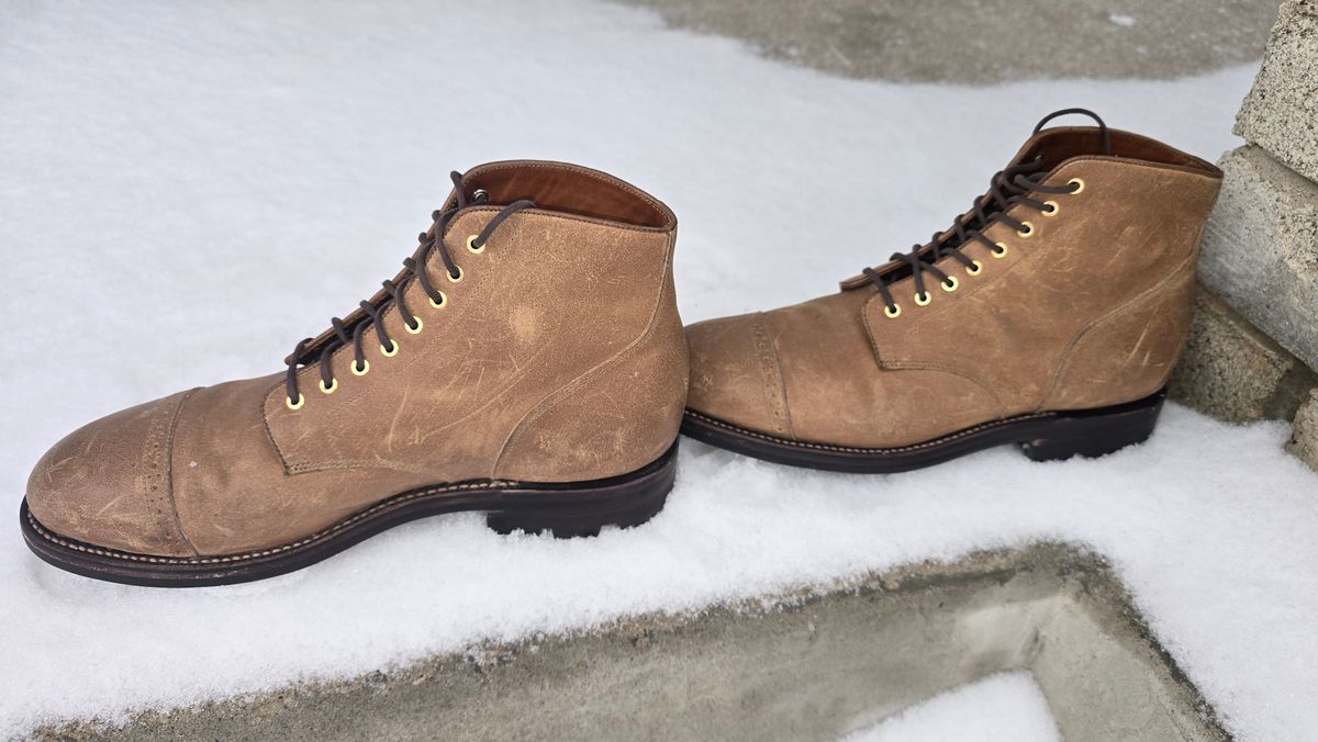 Photo by Gonzo on February 18, 2026 of the Grant Stone Garrison Boot in C.F. Stead Natural Waxy Commander Suede.