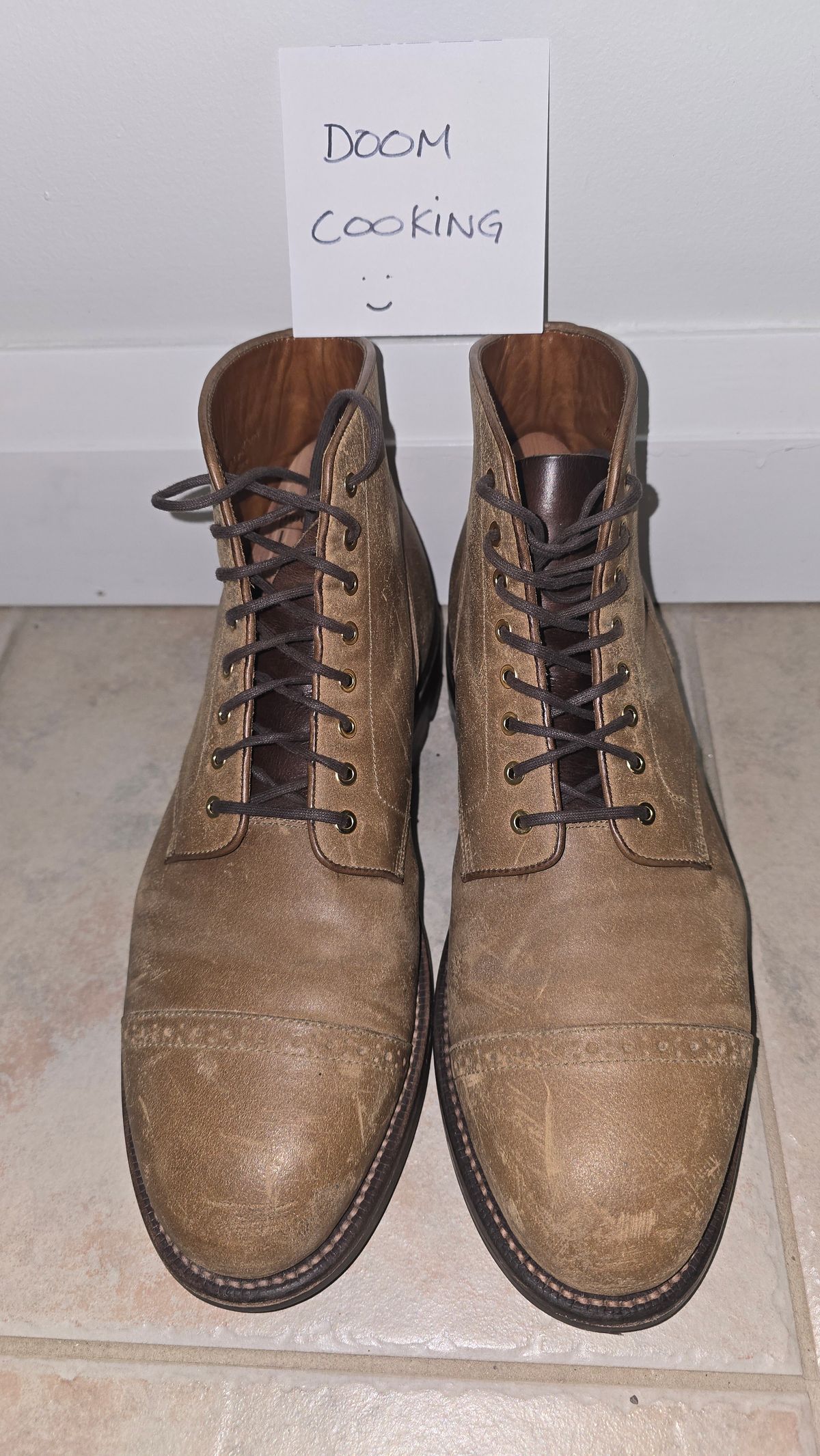 Photo by Gonzo on February 18, 2026 of the Grant Stone Garrison Boot in C.F. Stead Natural Waxy Commander Suede.