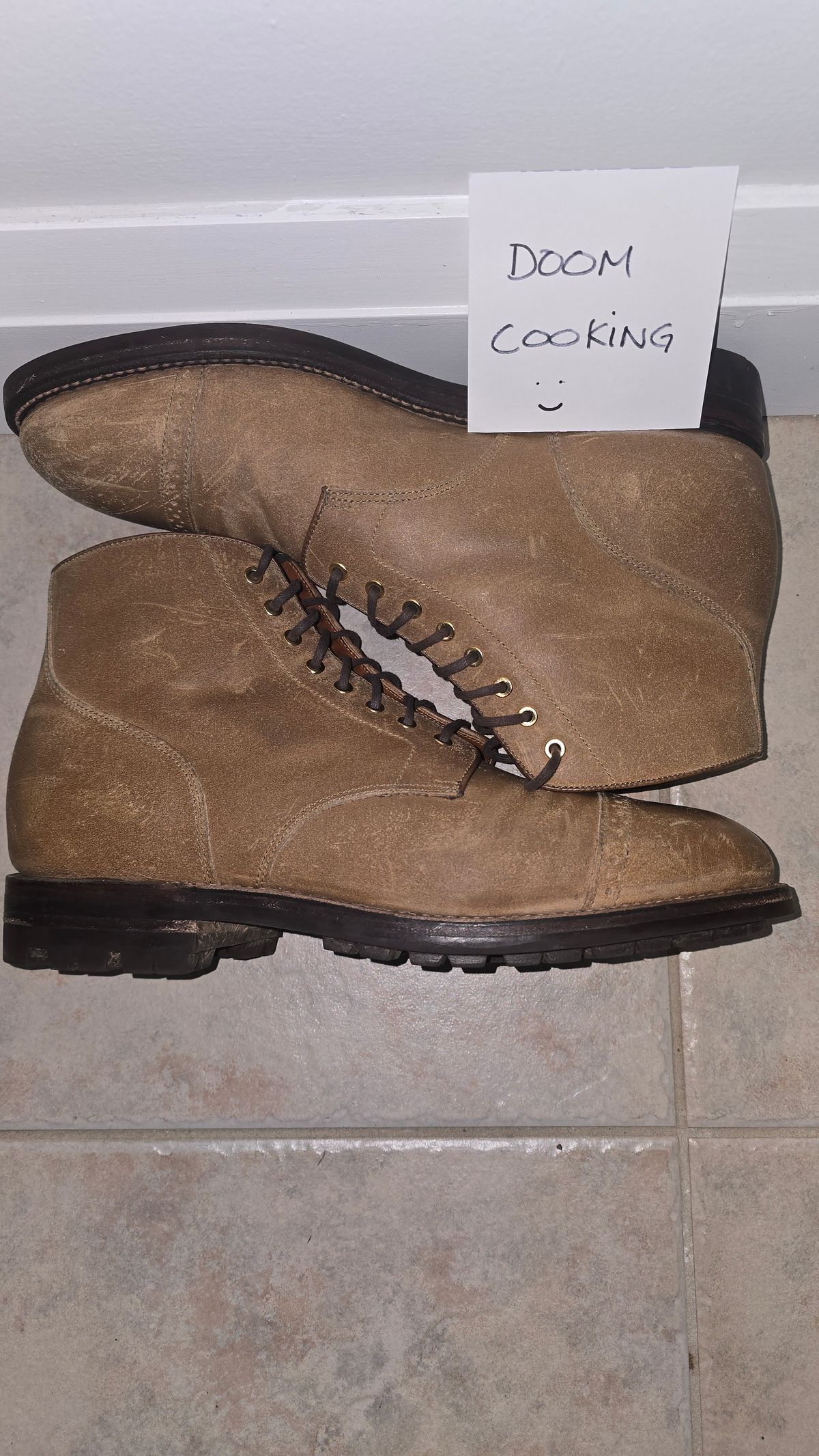 Photo by Gonzo on February 18, 2026 of the Grant Stone Garrison Boot in C.F. Stead Natural Waxy Commander Suede.