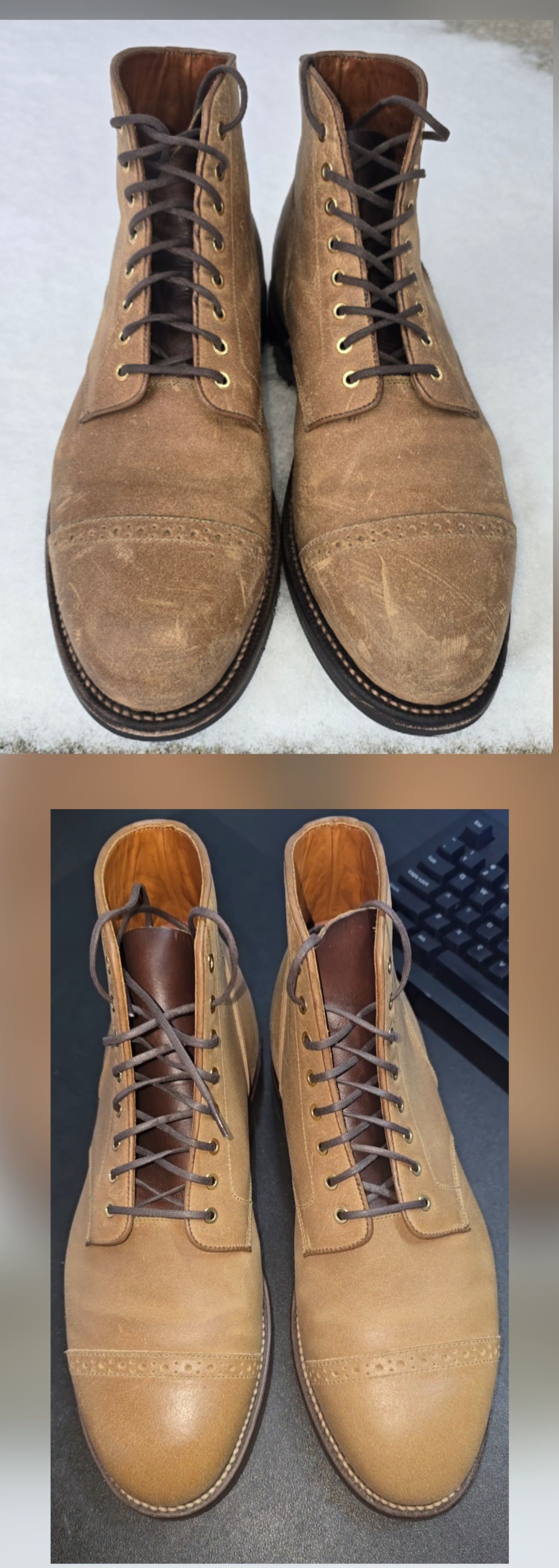 Photo by Gonzo on February 20, 2026 of the Grant Stone Garrison Boot in C.F. Stead Natural Waxy Commander Suede.