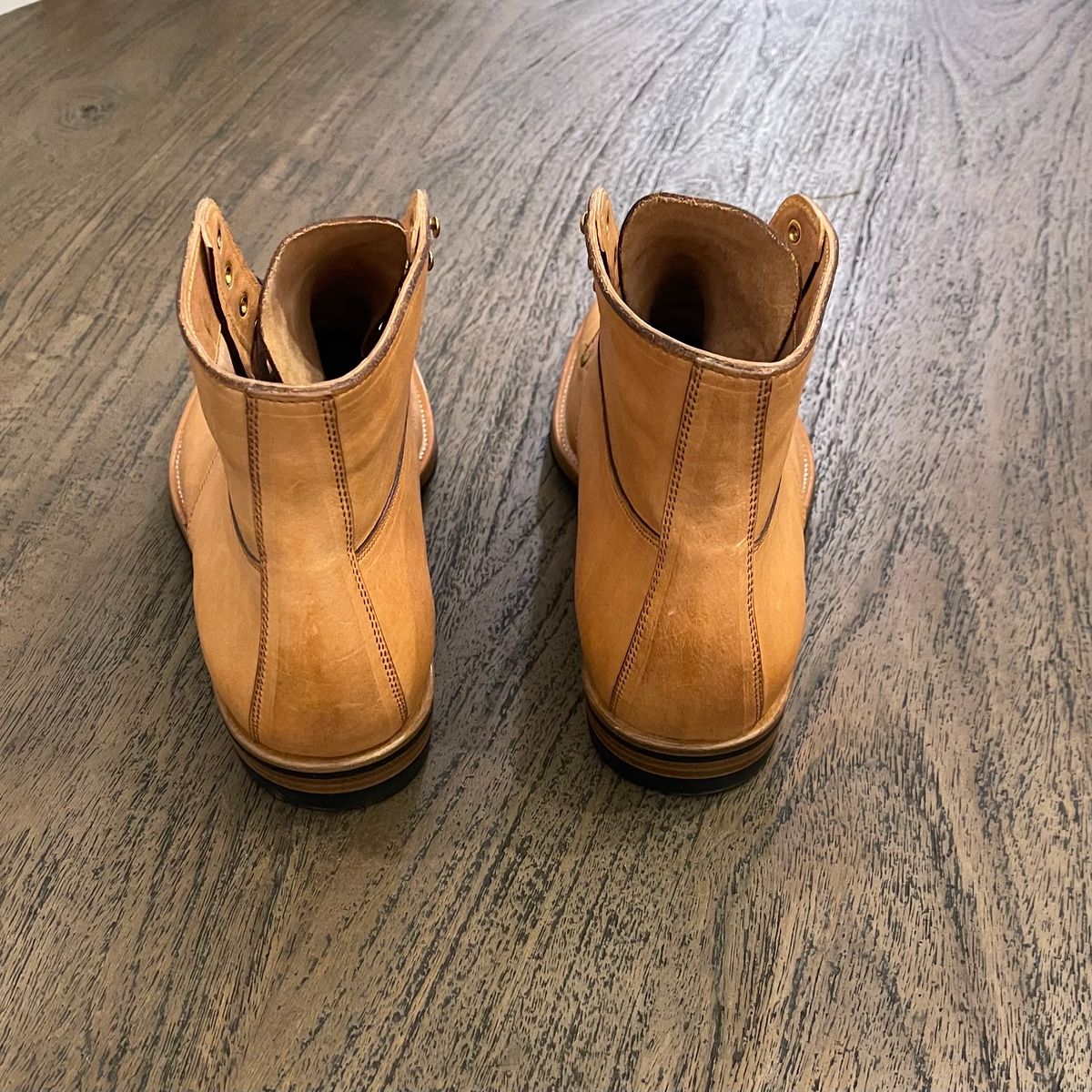 Photo by drwatcherman on October 10, 2023 of the Iron Boots x Østmo Type 1 in Maryam Light Brown Washed Horsehide.
