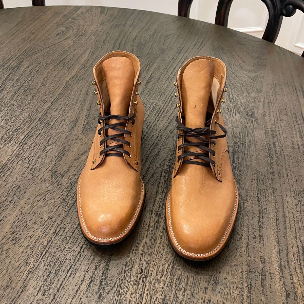 Photo by drwatcherman on October 10, 2023 of the Iron Boots x Østmo Type 1 in Maryam Light Brown Washed Horsehide.