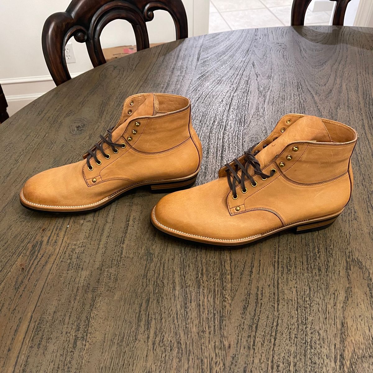 Photo by drwatcherman on October 10, 2023 of the Iron Boots x Østmo Type 1 in Maryam Light Brown Washed Horsehide.
