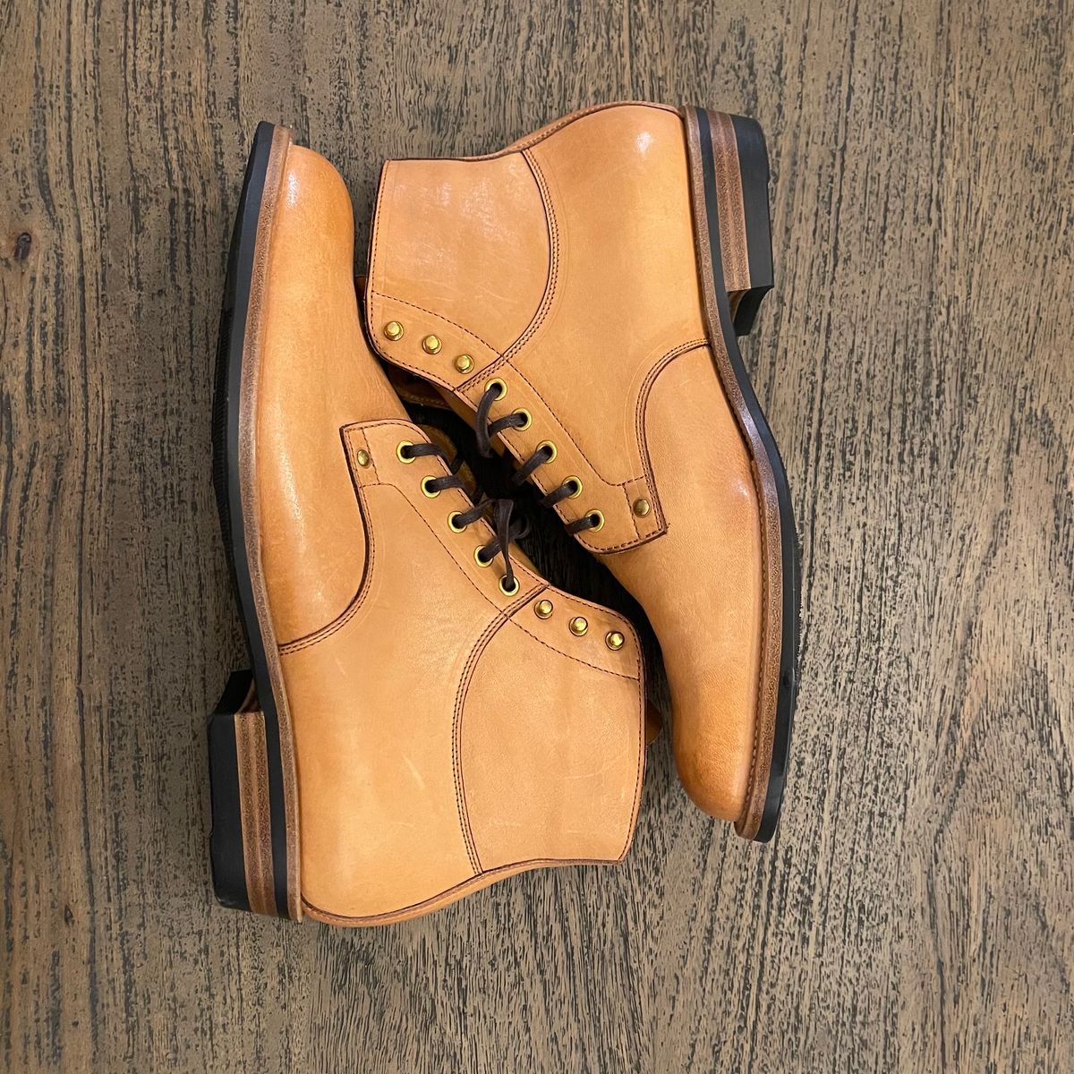 Photo by drwatcherman on October 10, 2023 of the Iron Boots x Østmo Type 1 in Maryam Light Brown Washed Horsehide.