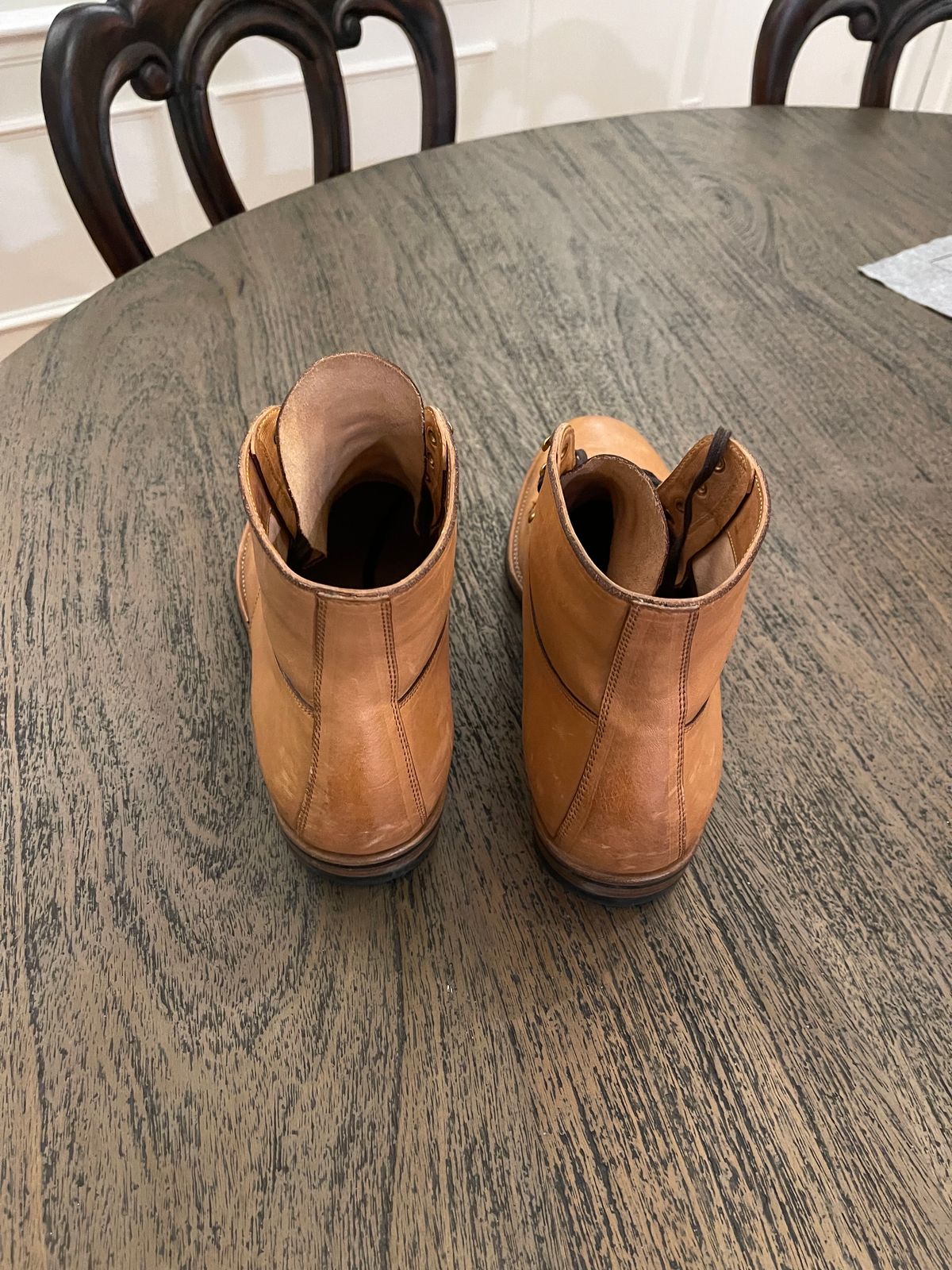 Photo by drwatcherman on November 6, 2023 of the Iron Boots x Østmo Type 1 in Maryam Light Brown Washed Horsehide.