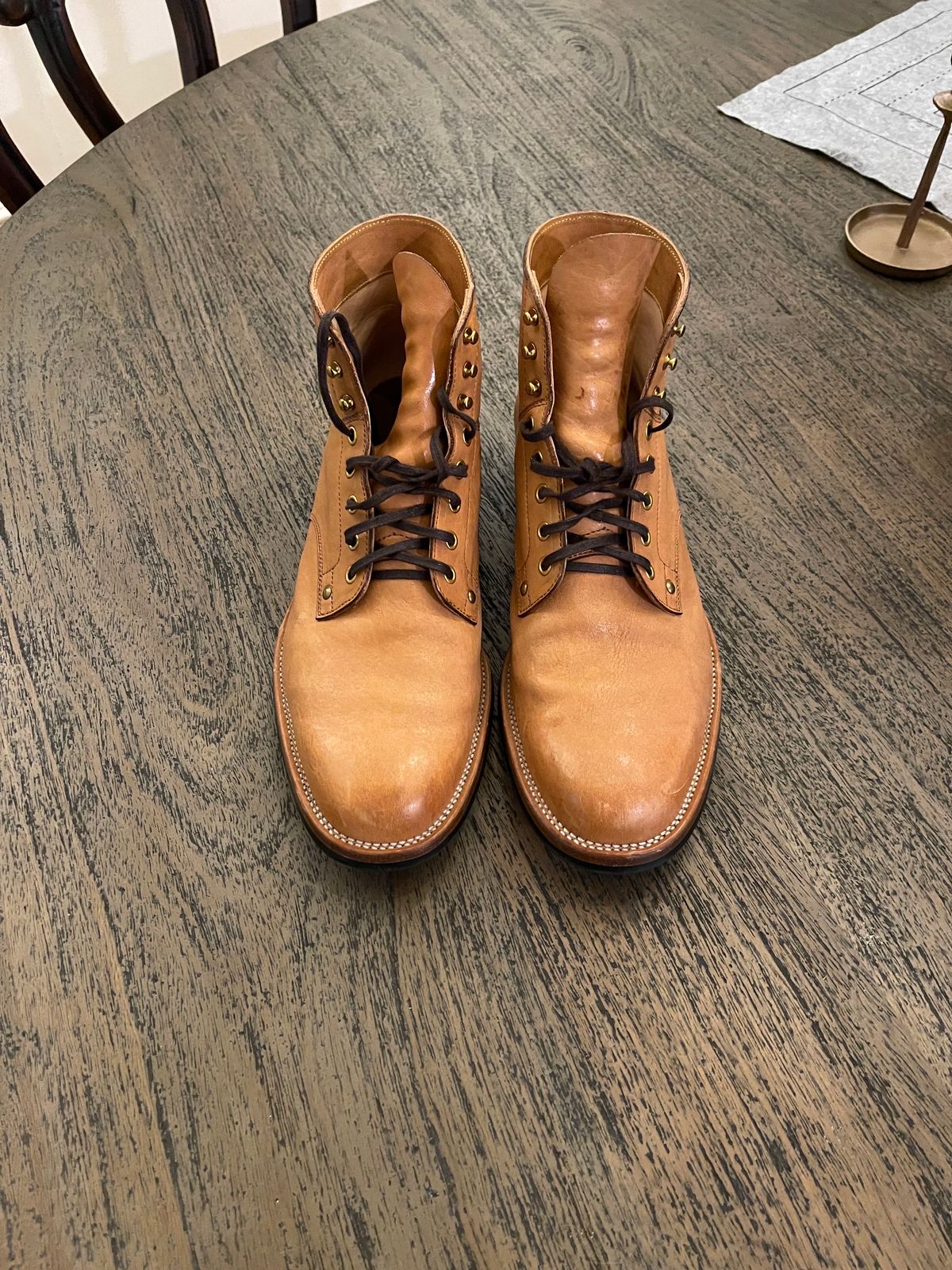 Photo by drwatcherman on November 6, 2023 of the Iron Boots x Østmo Type 1 in Maryam Light Brown Washed Horsehide.
