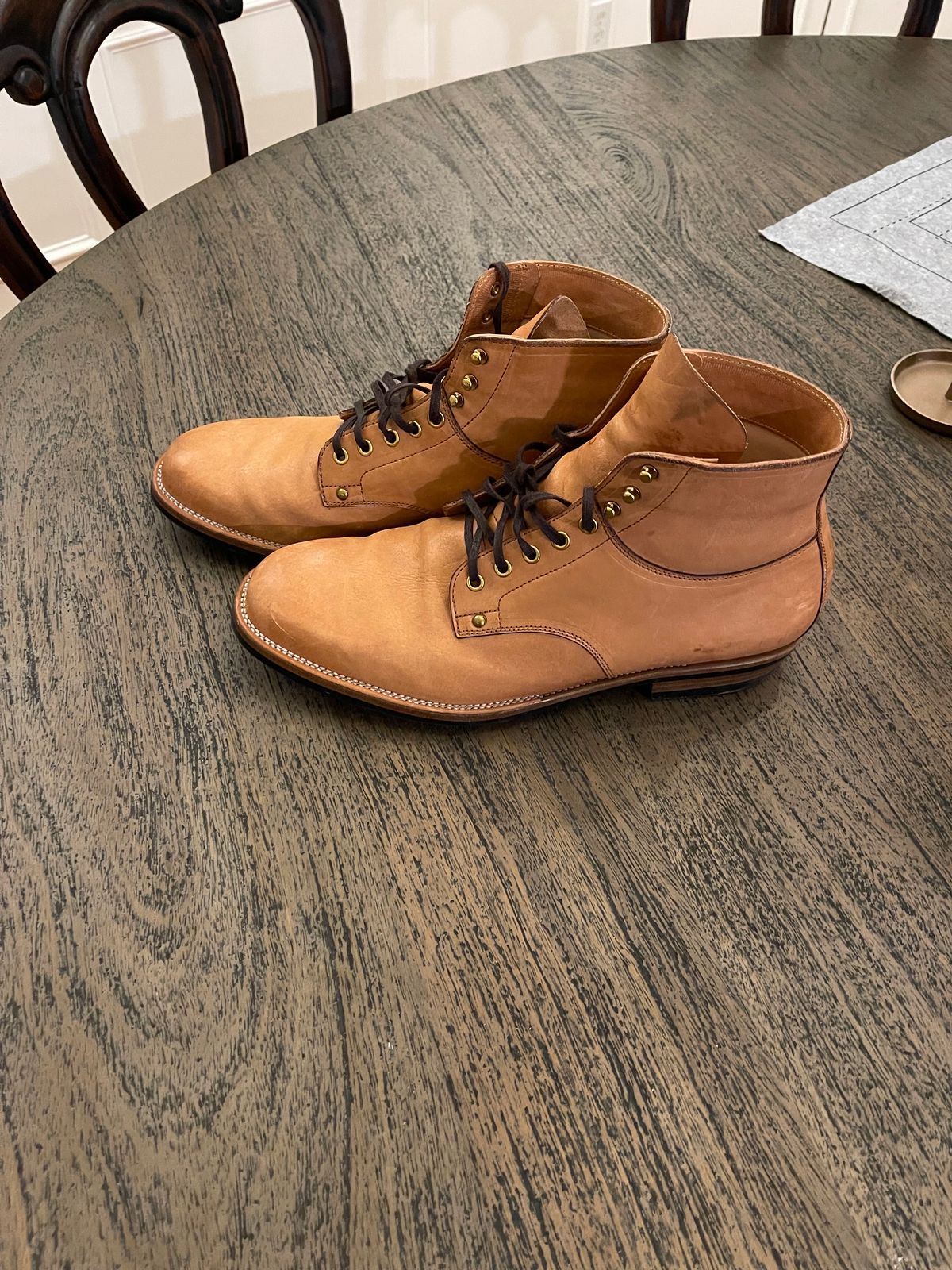 Photo by drwatcherman on November 6, 2023 of the Iron Boots x Østmo Type 1 in Maryam Light Brown Washed Horsehide.
