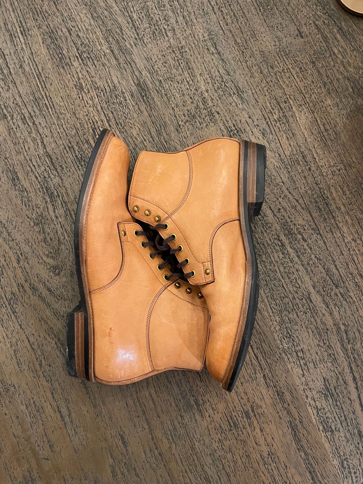 Photo by drwatcherman on November 6, 2023 of the Iron Boots x Østmo Type 1 in Maryam Light Brown Washed Horsehide.