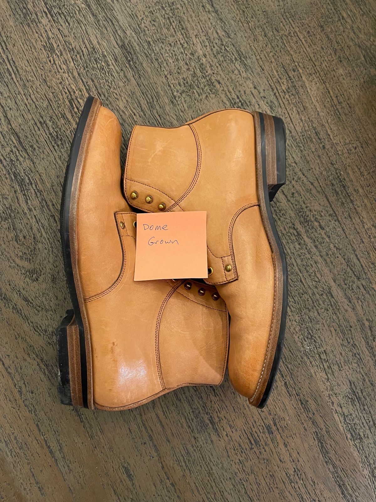 Photo by drwatcherman on November 6, 2023 of the Iron Boots x Østmo Type 1 in Maryam Light Brown Washed Horsehide.