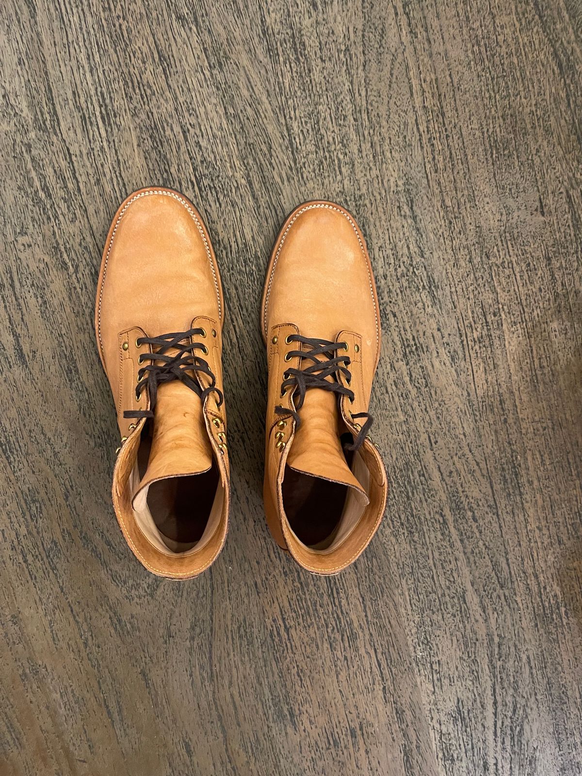 Photo by drwatcherman on November 6, 2023 of the Iron Boots x Østmo Type 1 in Maryam Light Brown Washed Horsehide.