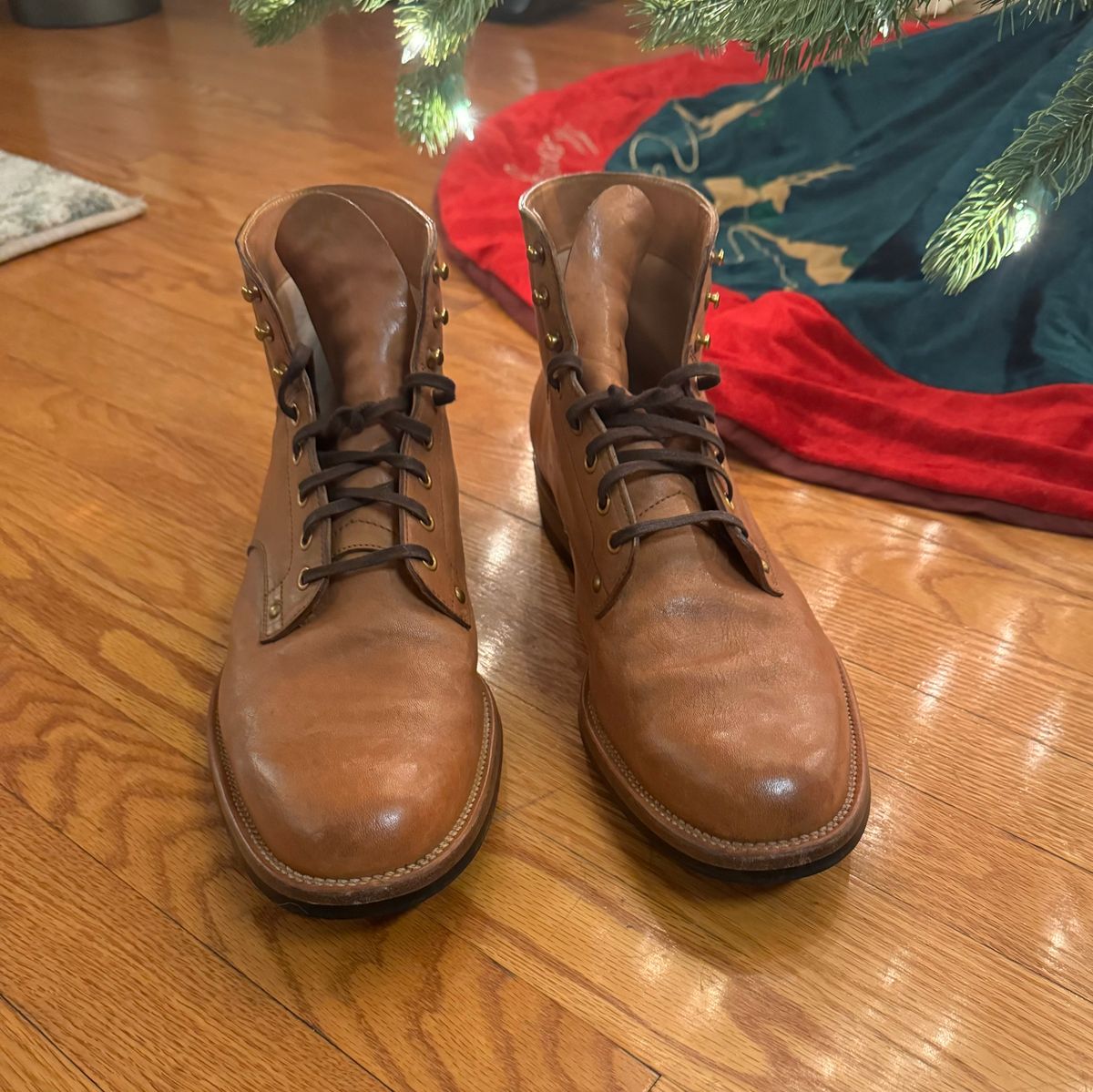 Photo by drwatcherman on December 5, 2023 of the Iron Boots x Østmo Type 1 in Maryam Light Brown Washed Horsehide.