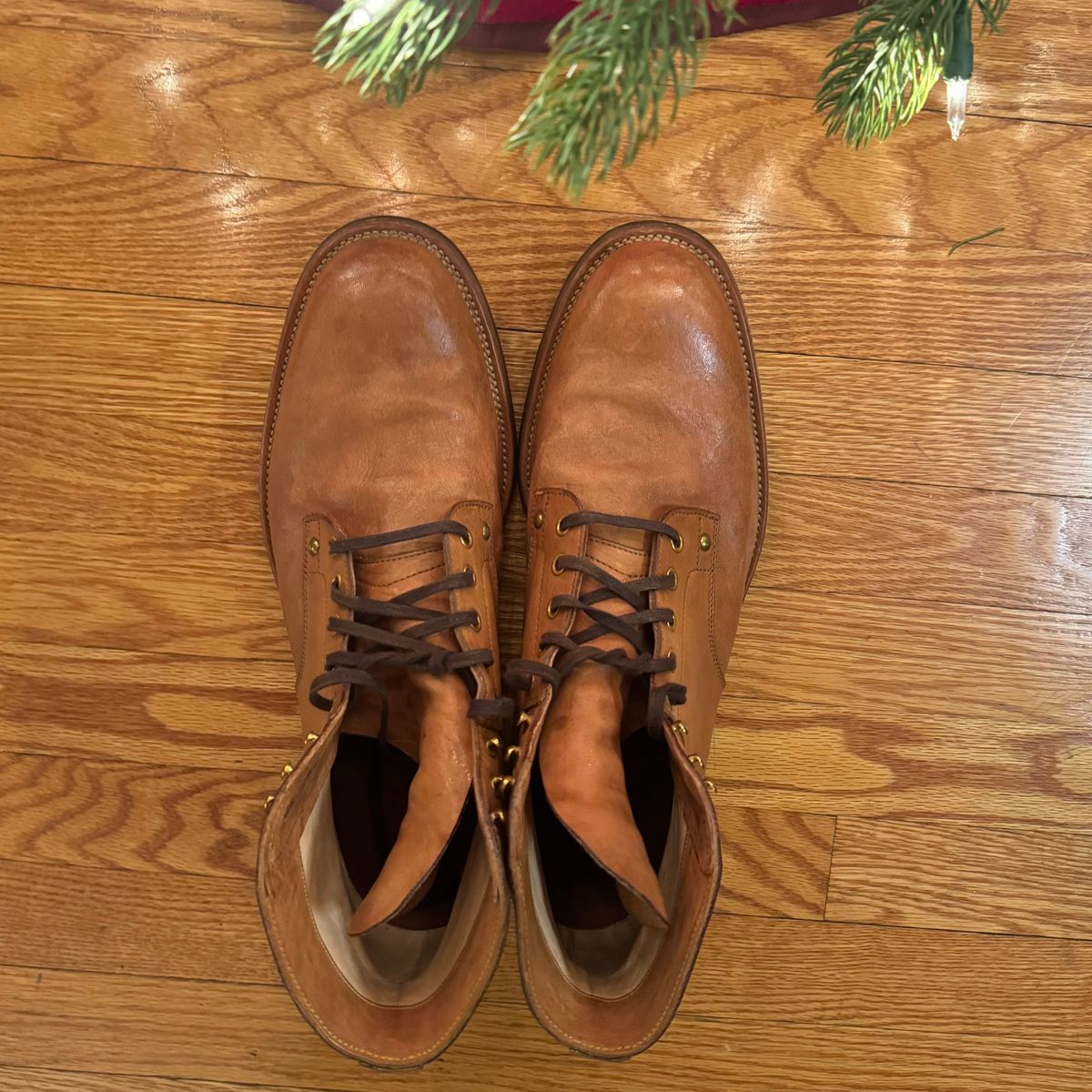 Photo by drwatcherman on December 5, 2023 of the Iron Boots x Østmo Type 1 in Maryam Light Brown Washed Horsehide.