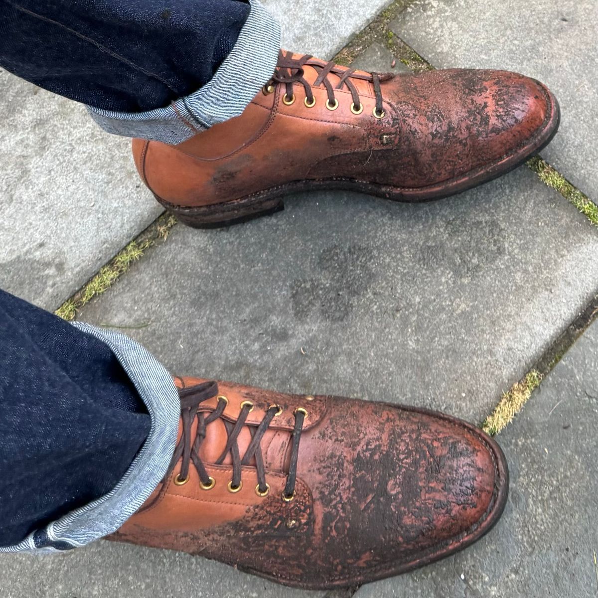 Photo by drwatcherman on January 4, 2024 of the Iron Boots x Østmo Type 1 in Maryam Light Brown Washed Horsehide.