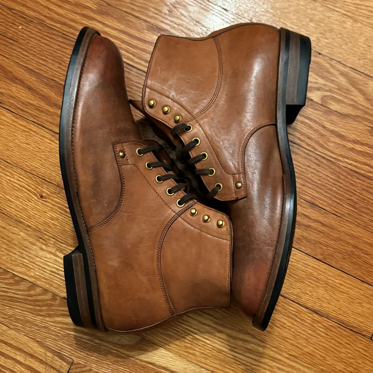 Photo by drwatcherman on January 4, 2024 of the Iron Boots x Østmo Type 1 in Maryam Light Brown Washed Horsehide.