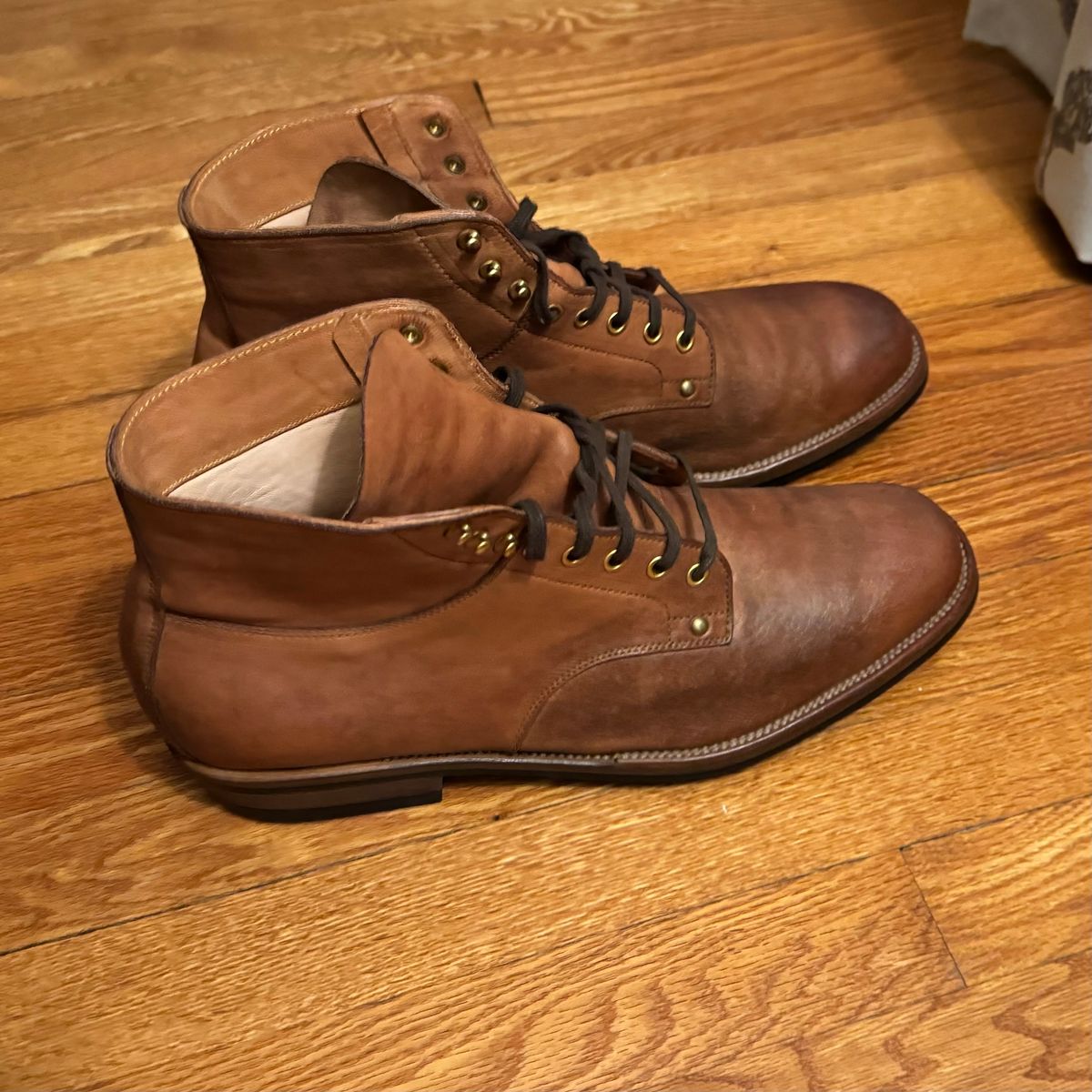 Photo by drwatcherman on January 4, 2024 of the Iron Boots x Østmo Type 1 in Maryam Light Brown Washed Horsehide.
