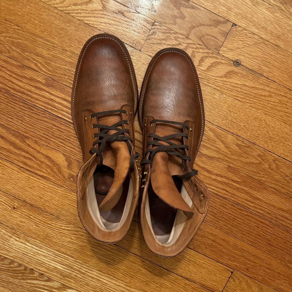 Photo by drwatcherman on January 4, 2024 of the Iron Boots x Østmo Type 1 in Maryam Light Brown Washed Horsehide.