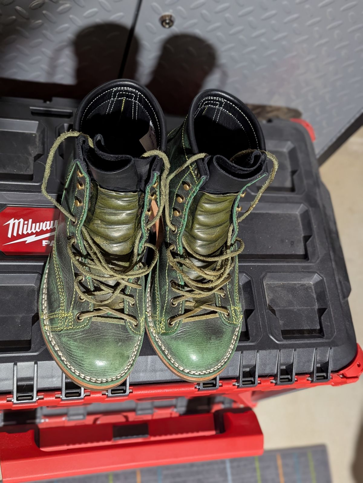 Photo by msmith1389 on January 5, 2025 of the Frank's Boots Monkey Boot in Conceria Walpier Black Burro Green.