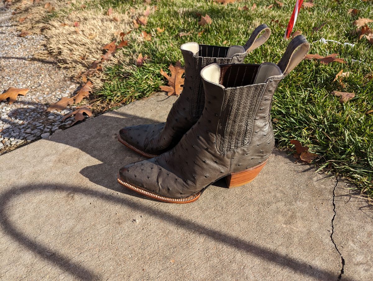 Photo by msmith1389 on December 3, 2023 of the Flora Knight Bespoke Cowboy Chelsea Boot in Quilled Ostrich Grey.