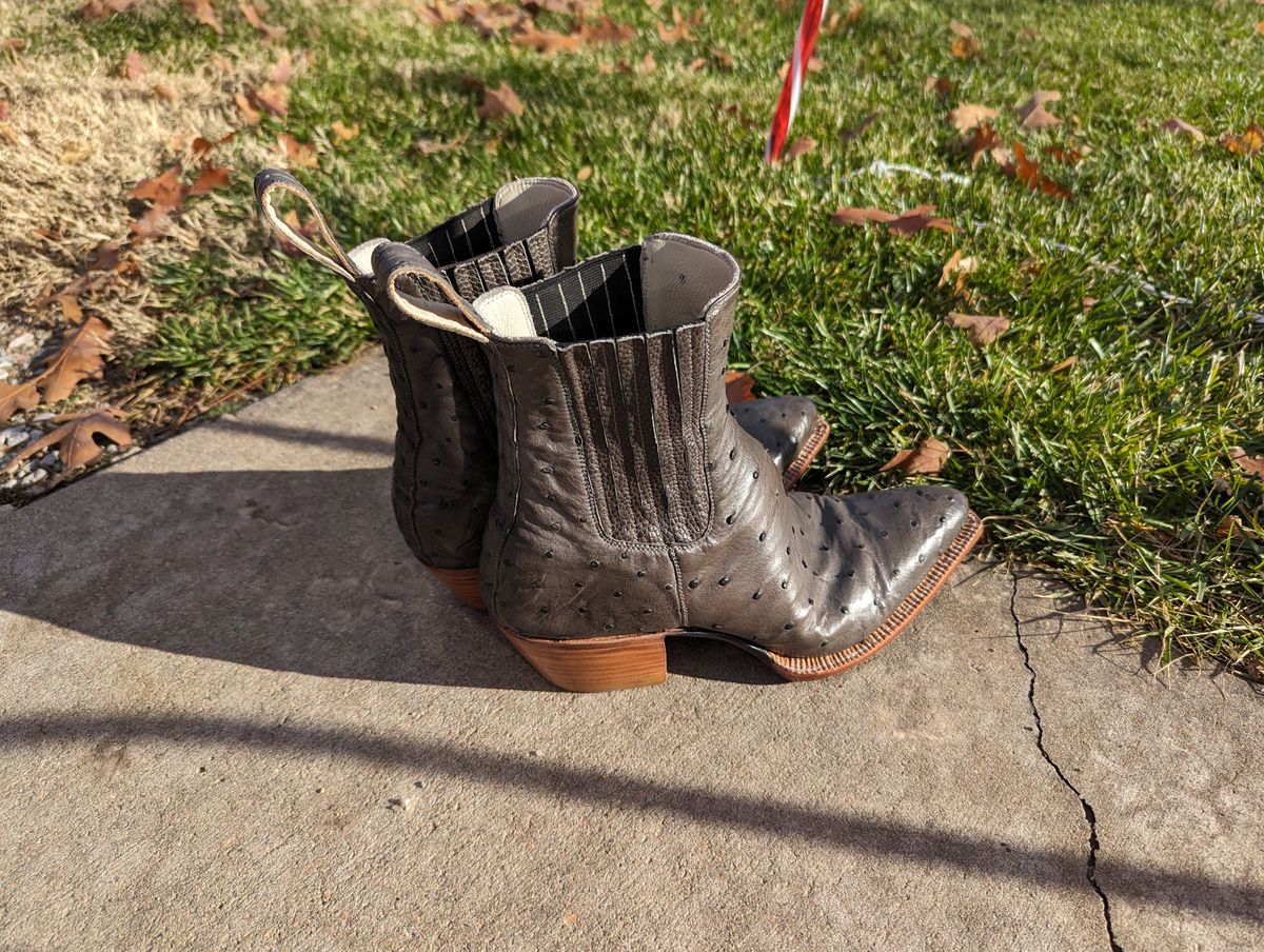 Photo by msmith1389 on December 3, 2023 of the Flora Knight Bespoke Cowboy Chelsea Boot in Quilled Ostrich Grey.