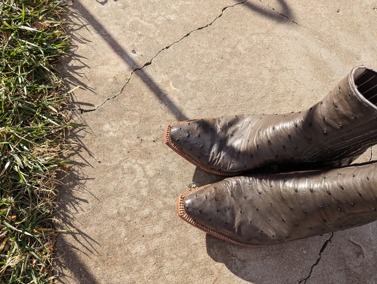 Photo by msmith1389 on December 3, 2023 of the Flora Knight Bespoke Cowboy Chelsea Boot in Quilled Ostrich Grey.