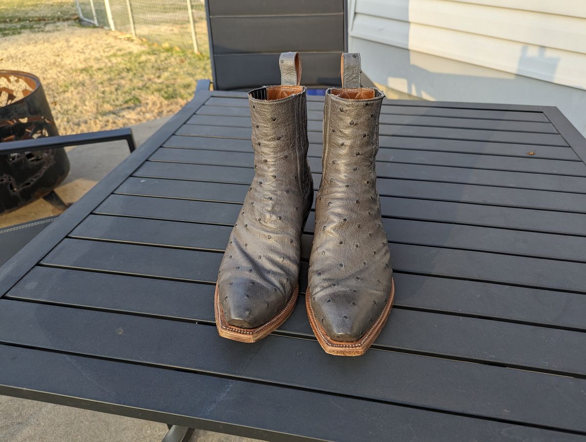 Photo by msmith1389 on January 2, 2024 of the Flora Knight Bespoke Cowboy Chelsea Boot in Quilled Ostrich Grey.