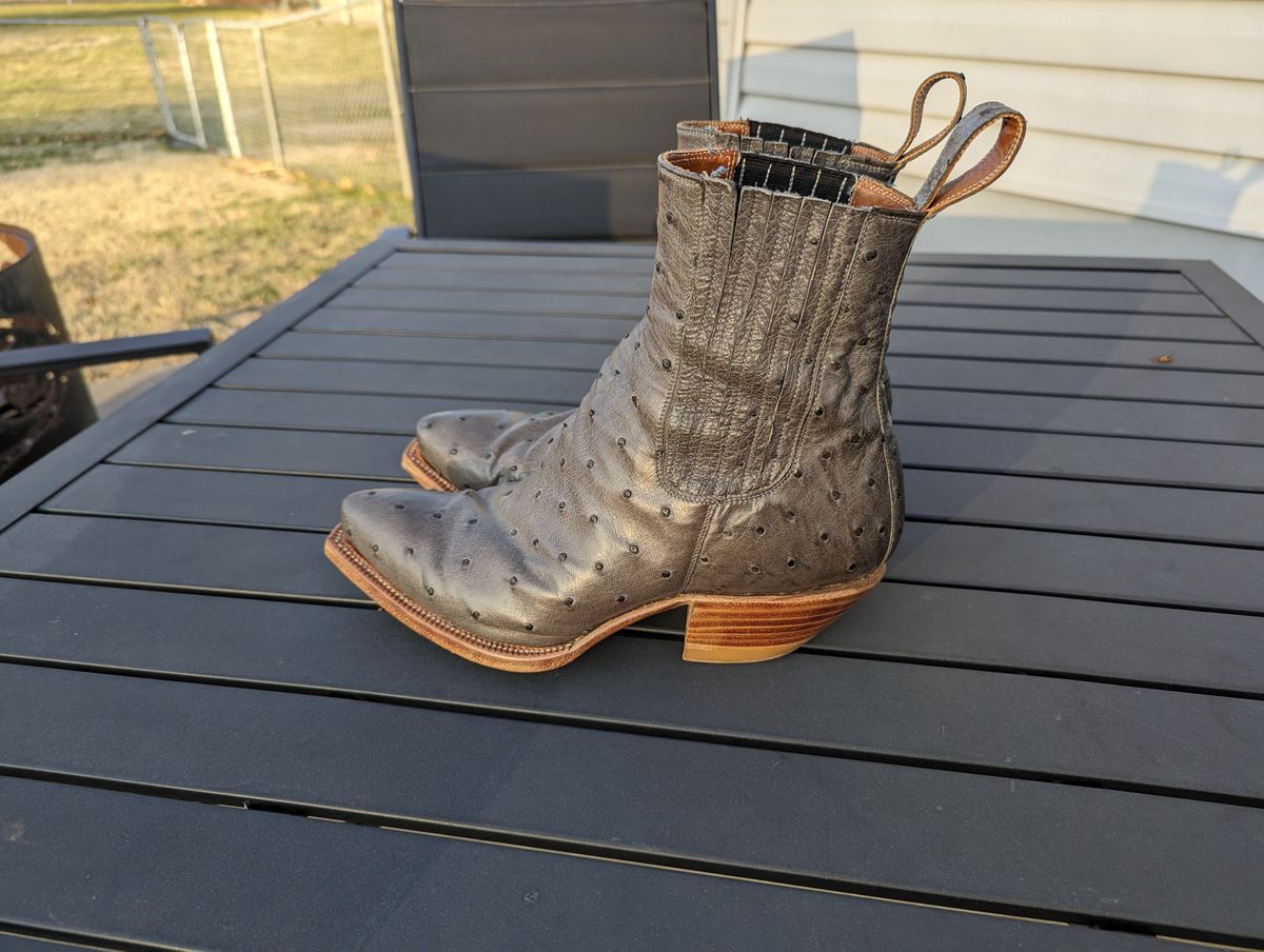 Photo by msmith1389 on January 2, 2024 of the Flora Knight Bespoke Cowboy Chelsea Boot in Quilled Ostrich Grey.