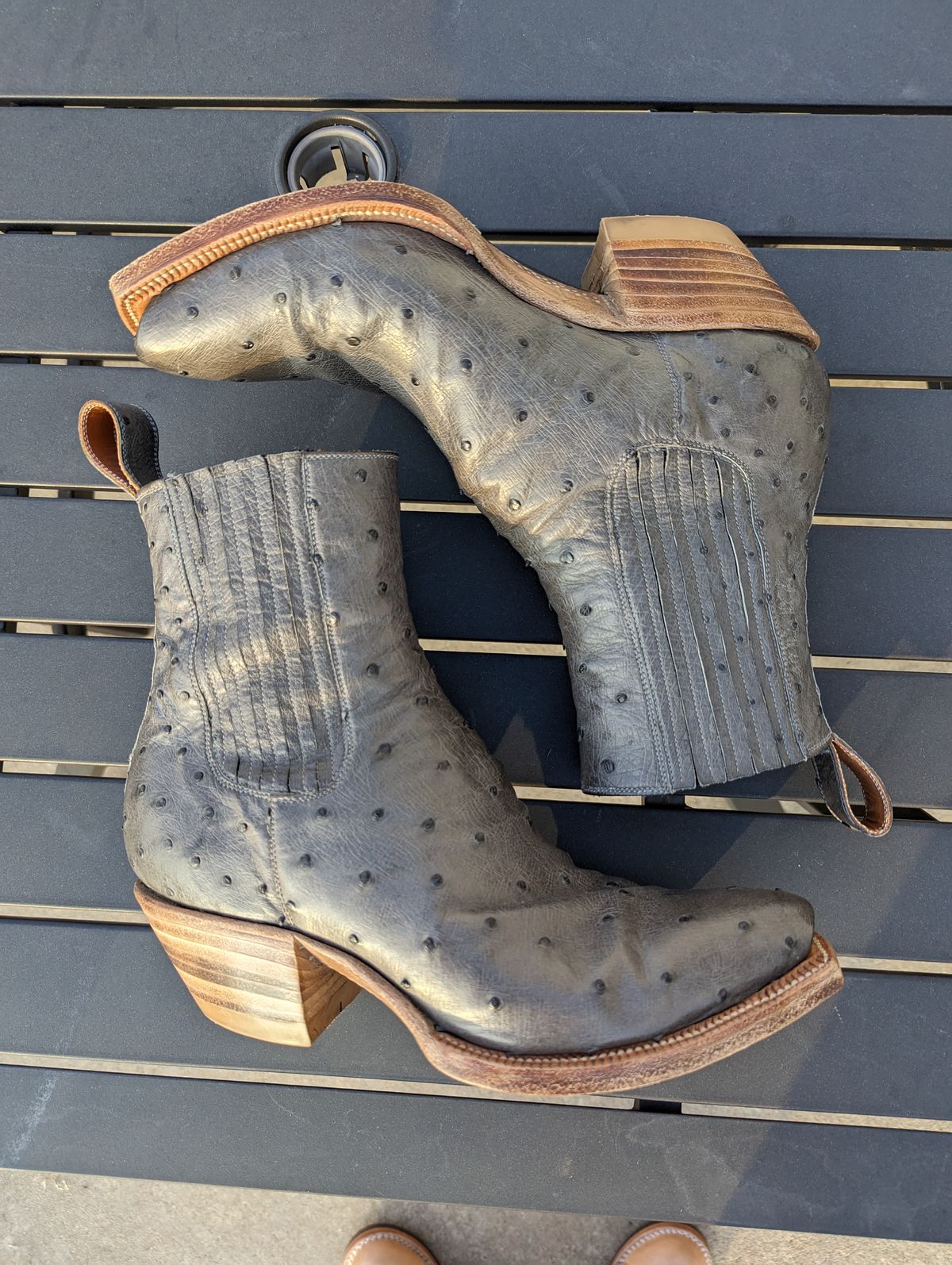 Photo by msmith1389 on January 2, 2024 of the Flora Knight Bespoke Cowboy Chelsea Boot in Quilled Ostrich Grey.