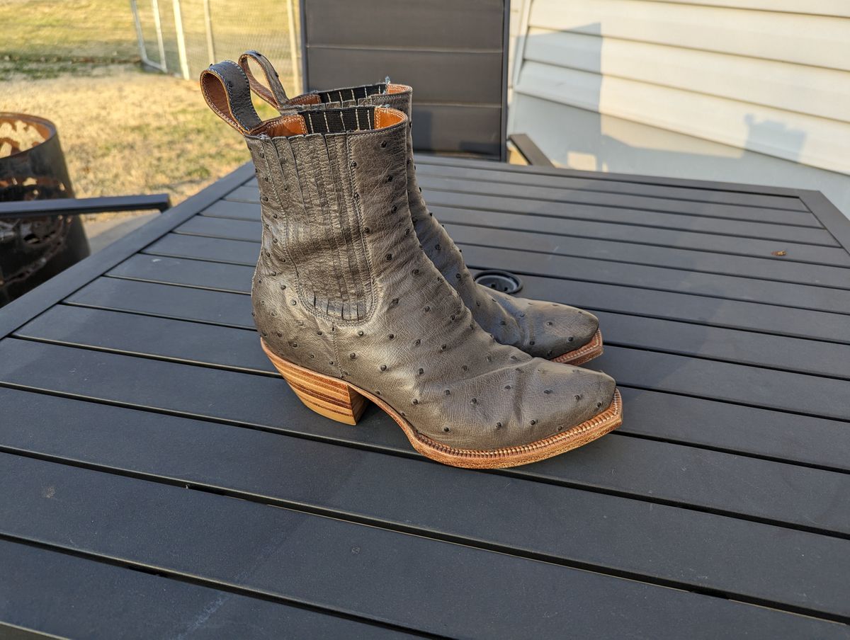 Photo by msmith1389 on January 2, 2024 of the Flora Knight Bespoke Cowboy Chelsea Boot in Quilled Ostrich Grey.