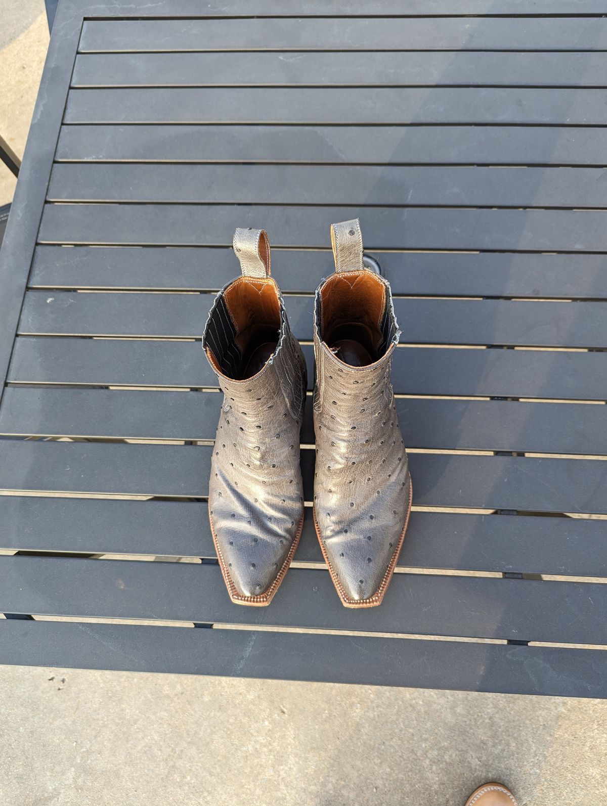 Photo by msmith1389 on January 2, 2024 of the Flora Knight Bespoke Cowboy Chelsea Boot in Quilled Ostrich Grey.
