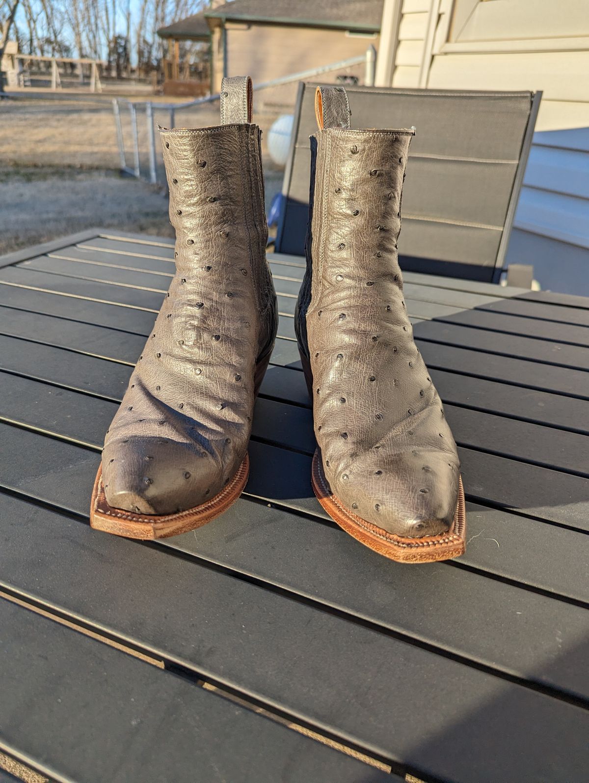 Photo by msmith1389 on February 1, 2024 of the Flora Knight Bespoke Cowboy Chelsea Boot in Quilled Ostrich Grey.