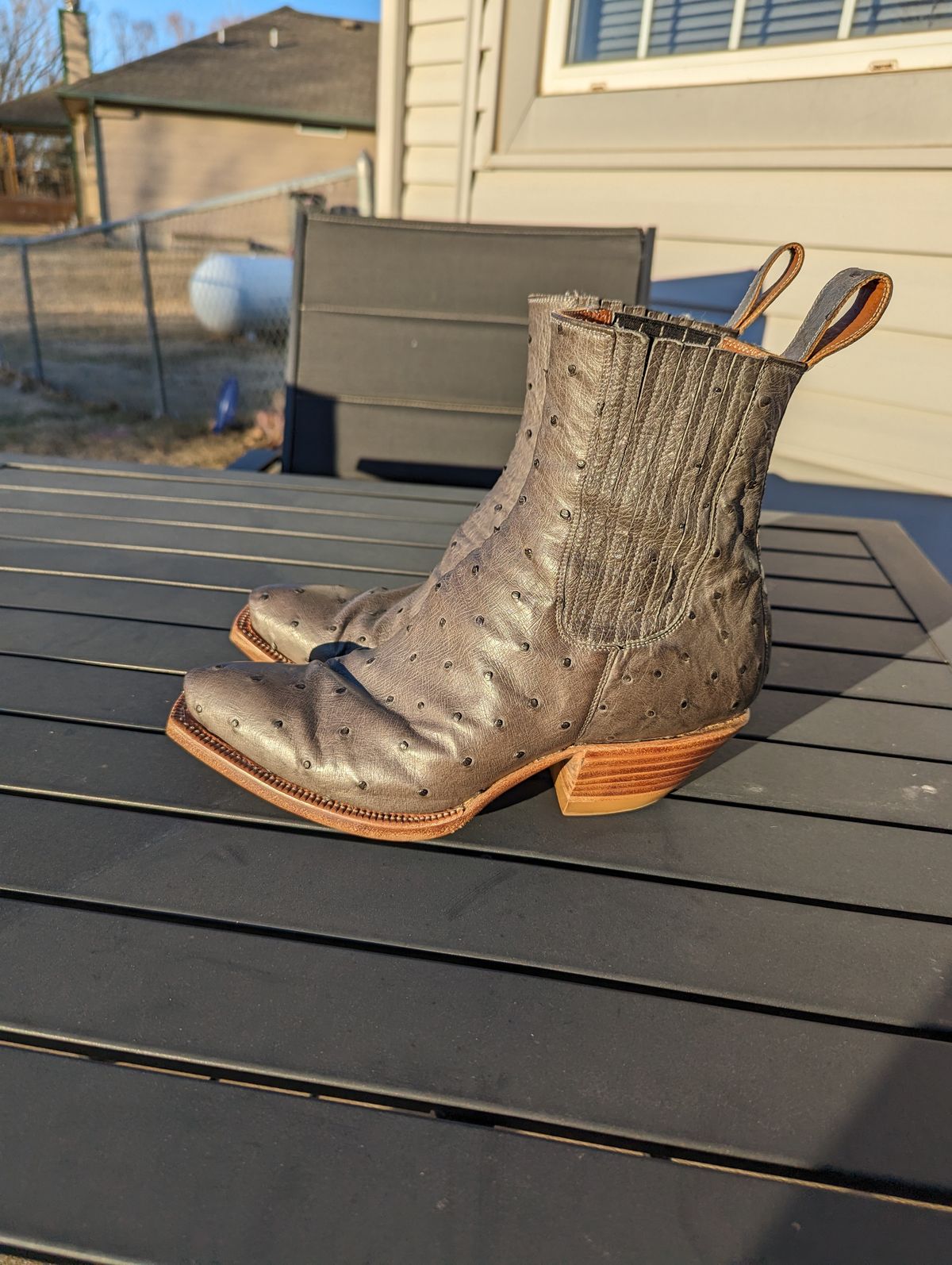 Photo by msmith1389 on February 1, 2024 of the Flora Knight Bespoke Cowboy Chelsea Boot in Quilled Ostrich Grey.