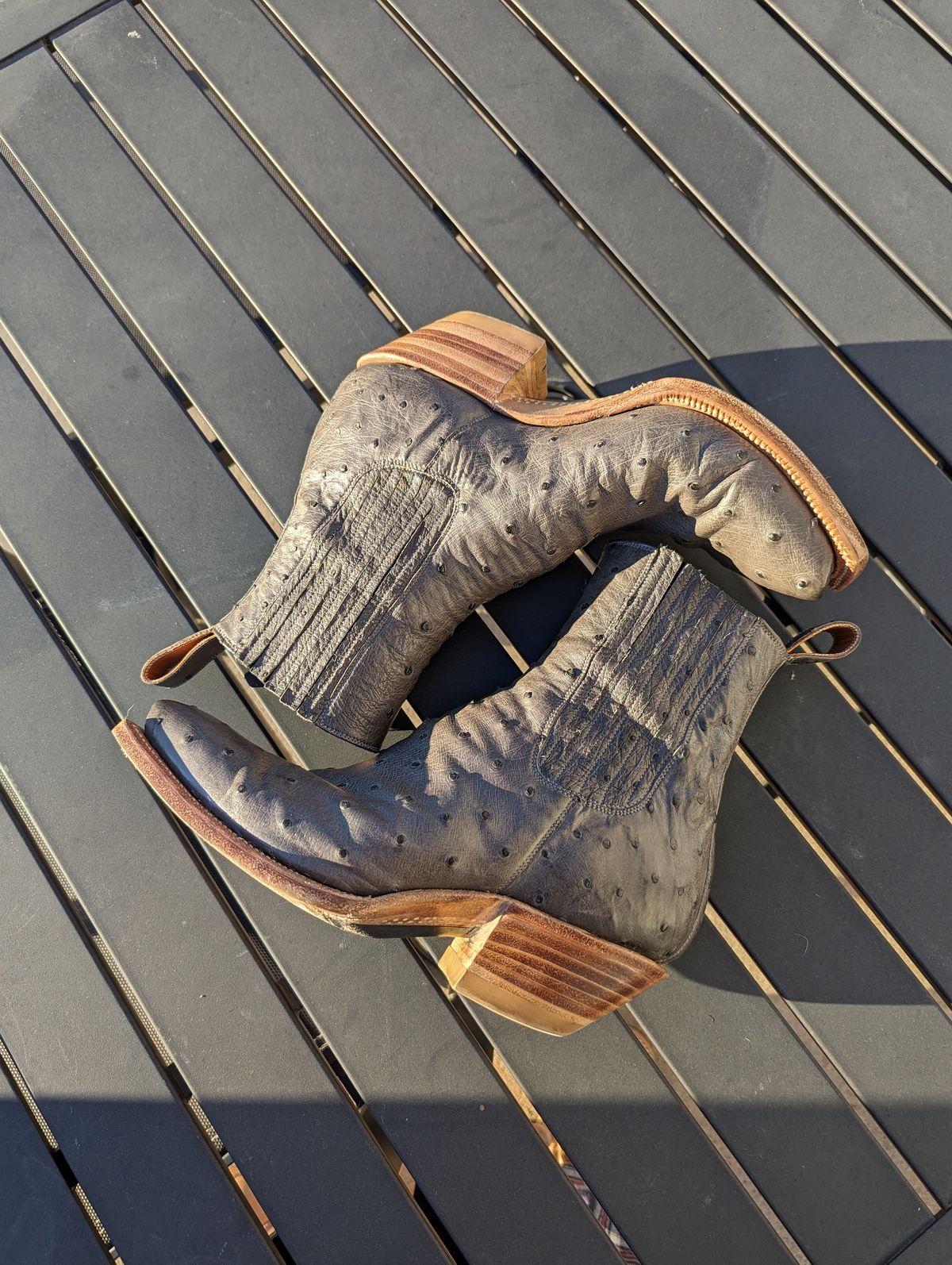 Photo by msmith1389 on February 1, 2024 of the Flora Knight Bespoke Cowboy Chelsea Boot in Quilled Ostrich Grey.