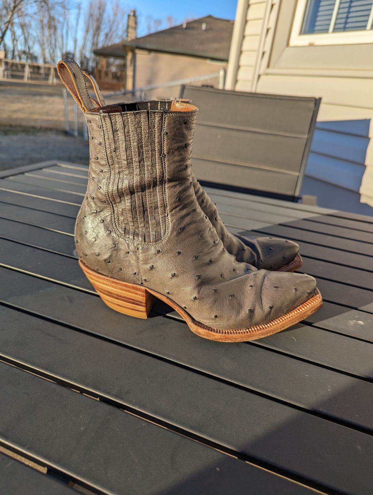 Photo by msmith1389 on February 1, 2024 of the Flora Knight Bespoke Cowboy Chelsea Boot in Quilled Ostrich Grey.