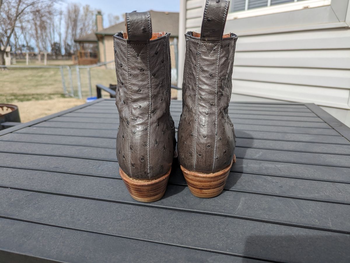Photo by msmith1389 on March 3, 2024 of the Flora Knight Bespoke Cowboy Chelsea Boot in Quilled Ostrich Grey.