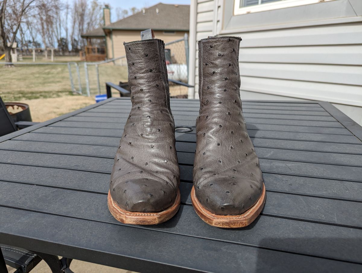 Photo by msmith1389 on March 3, 2024 of the Flora Knight Bespoke Cowboy Chelsea Boot in Quilled Ostrich Grey.