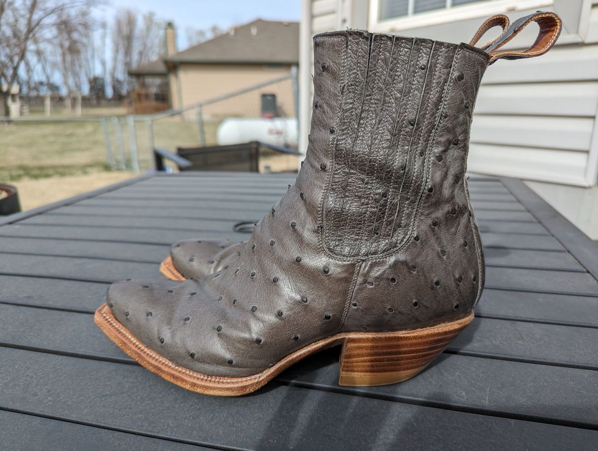 Photo by msmith1389 on March 3, 2024 of the Flora Knight Bespoke Cowboy Chelsea Boot in Quilled Ostrich Grey.