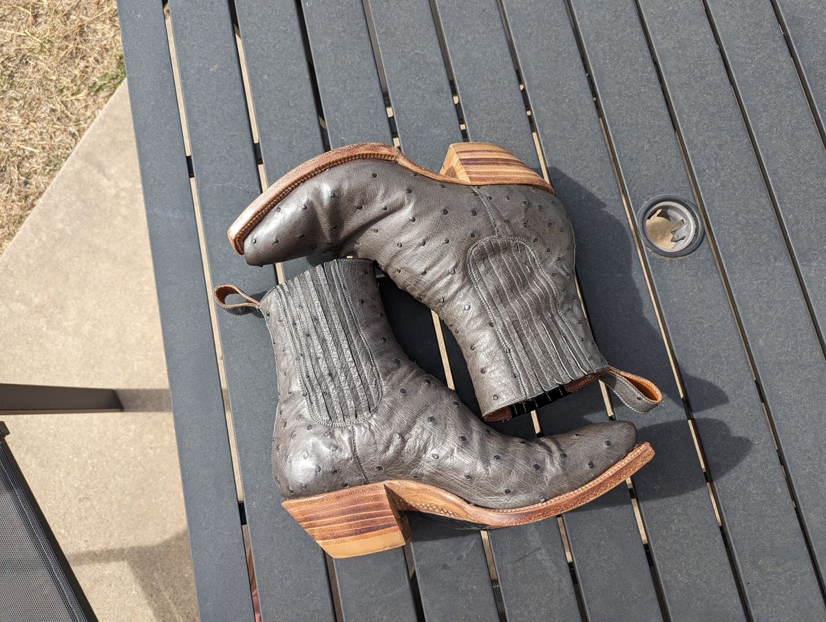 Photo by msmith1389 on March 3, 2024 of the Flora Knight Bespoke Cowboy Chelsea Boot in Quilled Ostrich Grey.