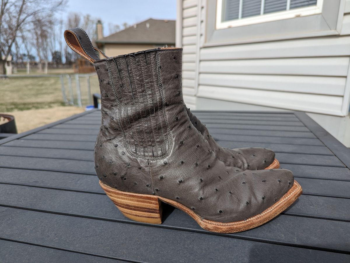 Photo by msmith1389 on March 3, 2024 of the Flora Knight Bespoke Cowboy Chelsea Boot in Quilled Ostrich Grey.