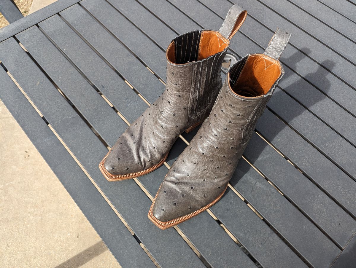 Photo by msmith1389 on March 3, 2024 of the Flora Knight Bespoke Cowboy Chelsea Boot in Quilled Ostrich Grey.