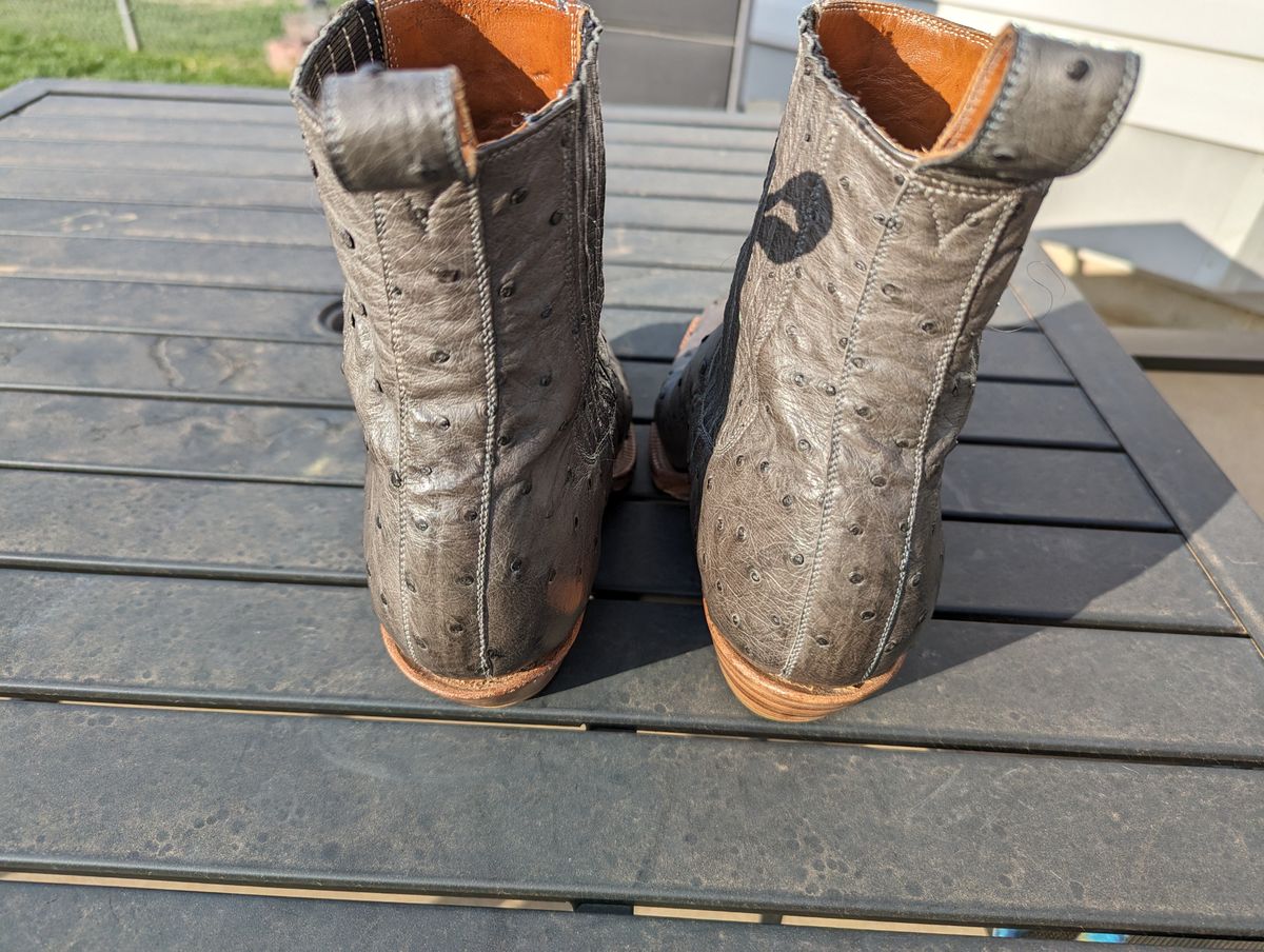 Photo by msmith1389 on April 1, 2024 of the Flora Knight Bespoke Cowboy Chelsea Boot in Quilled Ostrich Grey.