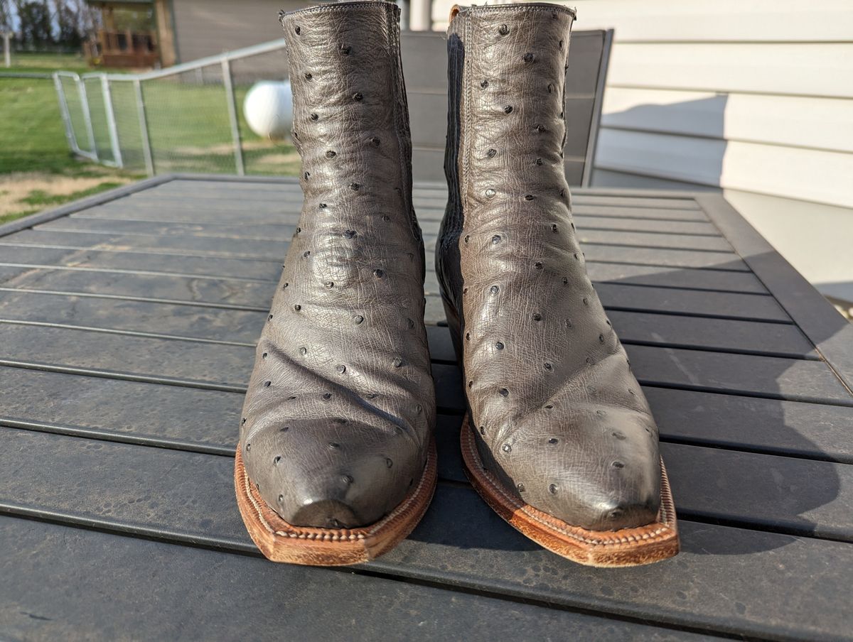 Photo by msmith1389 on April 1, 2024 of the Flora Knight Bespoke Cowboy Chelsea Boot in Quilled Ostrich Grey.