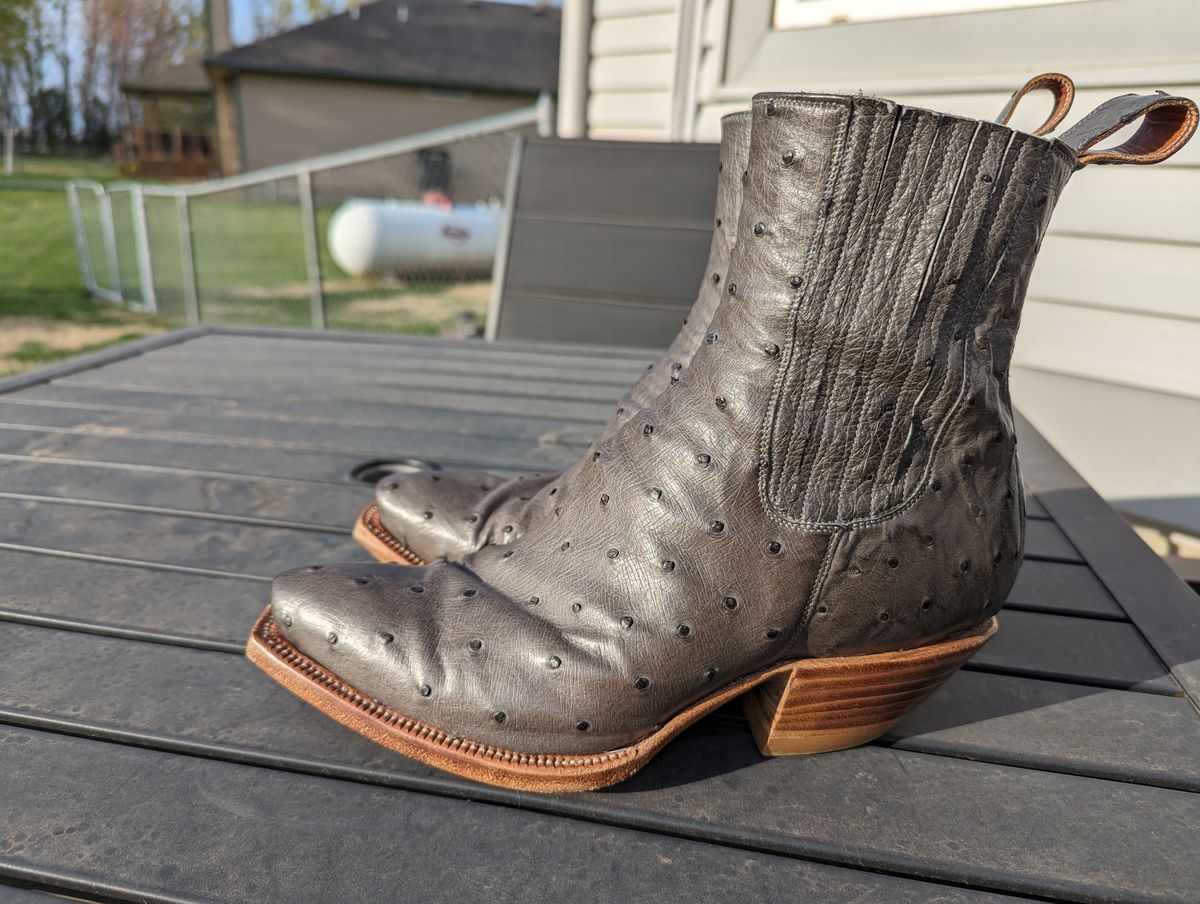 Photo by msmith1389 on April 1, 2024 of the Flora Knight Bespoke Cowboy Chelsea Boot in Quilled Ostrich Grey.