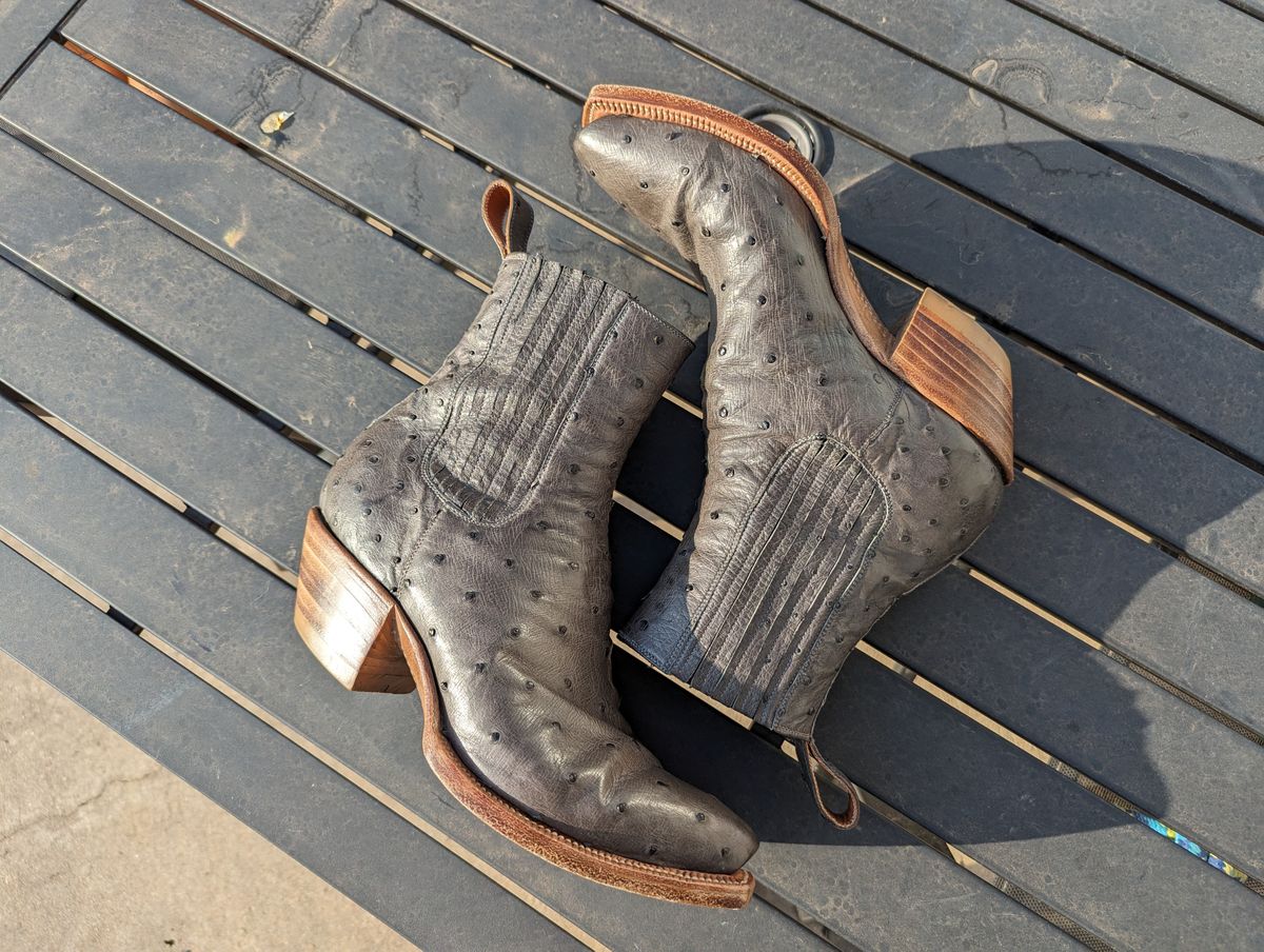 Photo by msmith1389 on April 1, 2024 of the Flora Knight Bespoke Cowboy Chelsea Boot in Quilled Ostrich Grey.