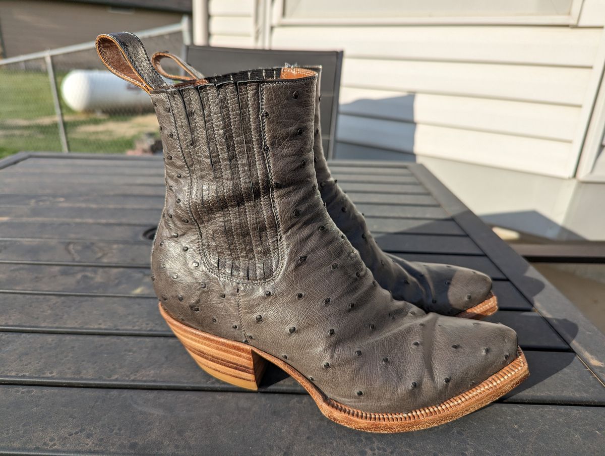 Photo by msmith1389 on April 1, 2024 of the Flora Knight Bespoke Cowboy Chelsea Boot in Quilled Ostrich Grey.