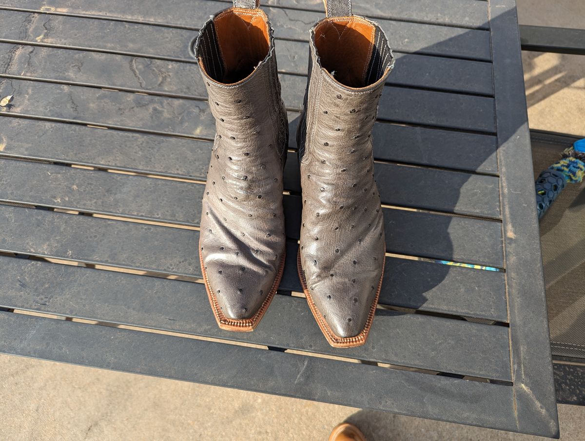 Photo by msmith1389 on April 1, 2024 of the Flora Knight Bespoke Cowboy Chelsea Boot in Quilled Ostrich Grey.