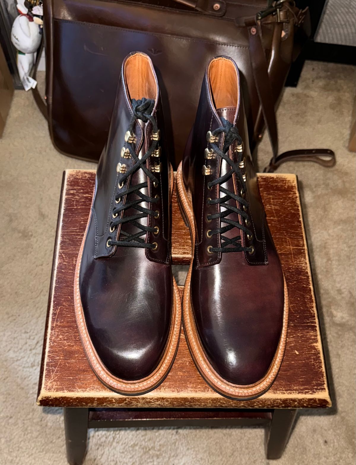 Photo by HeritageWearingPatriot on July 3, 2026 of the Grant Stone Edward Boot in Horween Marbled Color 8 Shell Cordovan.