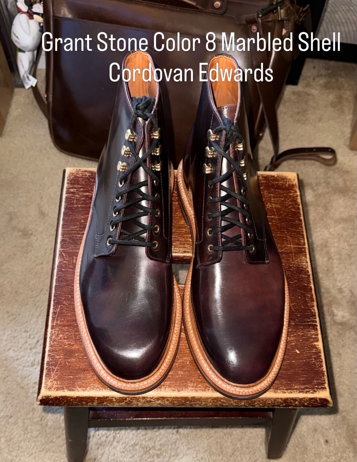 Photo by HeritageWearingPatriot on July 3, 2026 of the Grant Stone Edward Boot in Horween Marbled Color 8 Shell Cordovan.